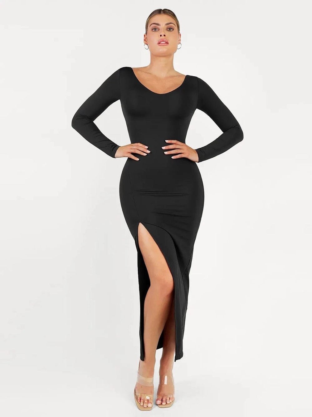 Popilush Shapewear Long Sleeve V-Neck Low Back Slimming Maxi Dress XL